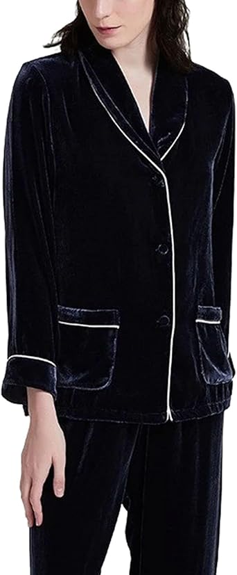 Womens Silk Pajamas Set Velvet Long Sleeve Thick 2 Piece Sleepwear Set