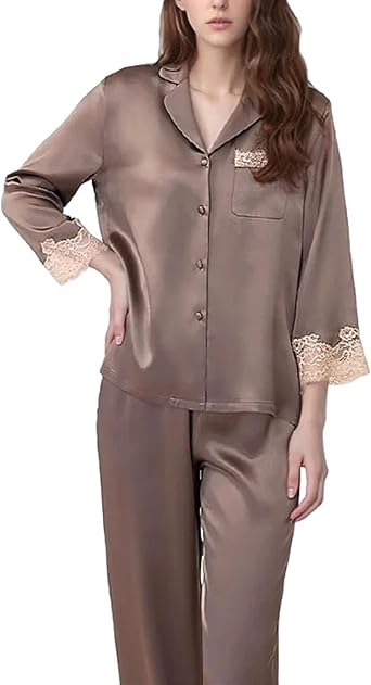 Womens Silk Pajamas Set Solid Full Sleeve Lapel Lace 2 Piece Homewear