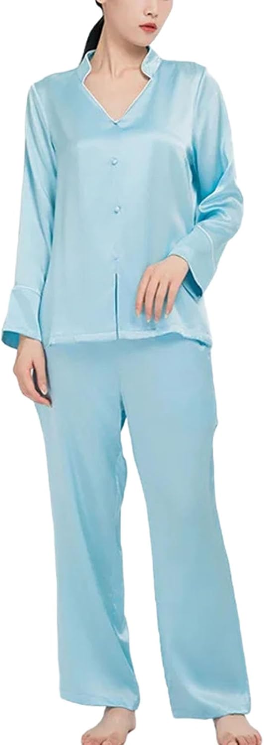 Womens Silk Pajamas Set Long Sleeve Solid Elegant 2 Piece Sleepwear Pyjamas
