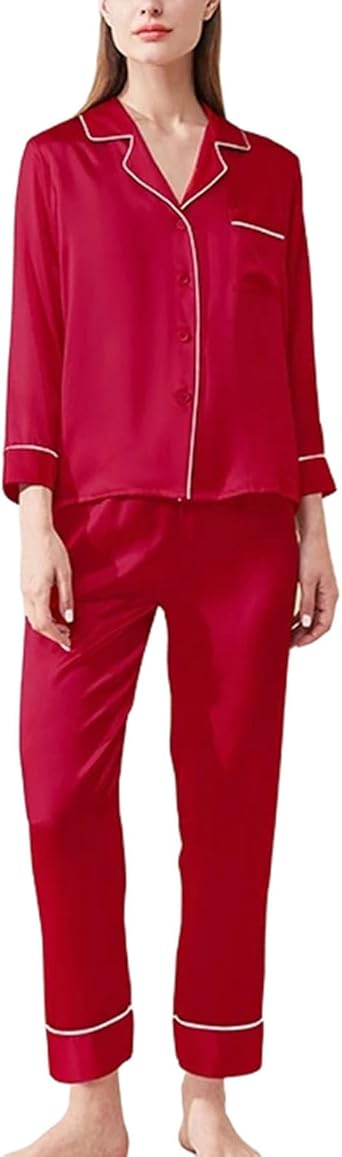 Womens Silk Pajamas Set Long Sleeve Fashion Solid 2 Piece Sleepwear Home Wear