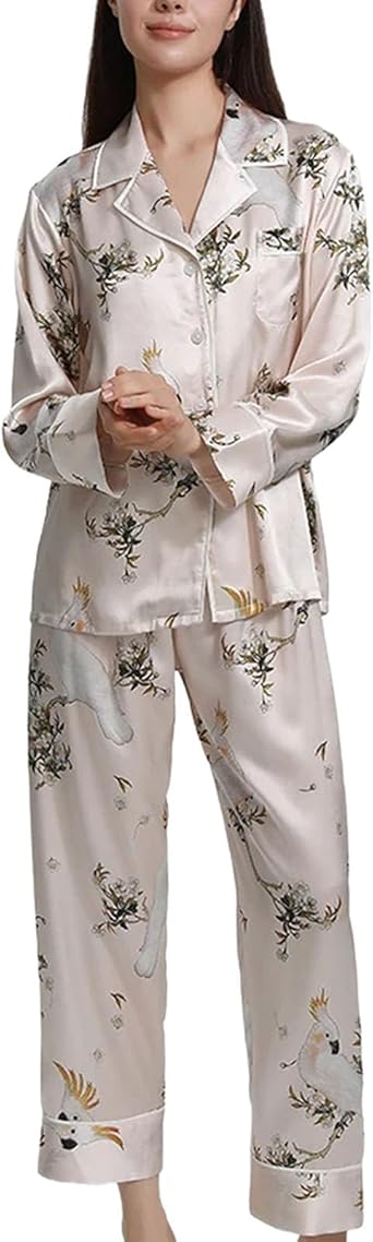 Womens Silk Pajamas Set Heavy Silk Long Sleeve and Trousers 2 Piece Loose Home Wear
