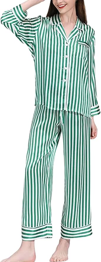 Womens Silk Pajamas Set Striped V Neck Long Sleeve Trousers 2 Piece Sleepwear