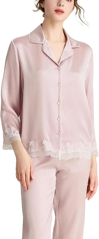 Womens Silk Pajamas Set Long Sleeved Long Pants French Style Lace 2 Piece Home Wear