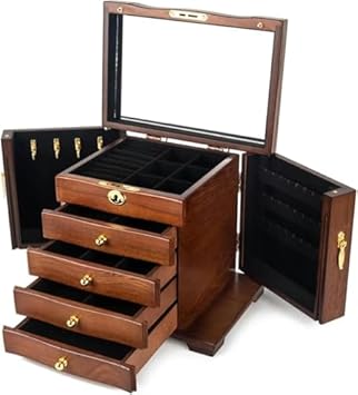 Elegant Wooden Jewelry Box with 4 Drawers, Lock & Mirror - Stylish Hardwood Organizer for Women, Perfect Jewelry Case for Gifts (Color D)