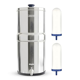 Armour Water Filter System - Stainless Steel Countertop Gravity Water Filter Dispenser with 2 Coldstream FTO Filters for PFAS, Fluoride, Lead, Bacteria - NSF Certified Water Dispenser