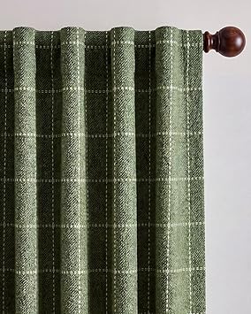 NICETOWN Olive Green Linen Plaid Bedroom Curtains, Rod Pocket & Back Tab Geometric Jacquard Thick Wovern Mudcloth Light Filtering Window Treatments for Home Decor, W52 x L84, 2 Panels