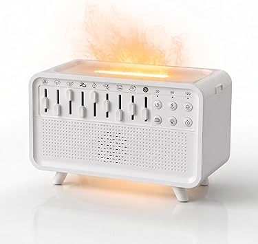 White Noise Machine with 8 Mixable Nature Sounds, Flame Light & Aroma Diffuser – Desktop Sound Machine for Sleep, Office, Yoga & Meditation, with Timer, Bluetooth & USB Power