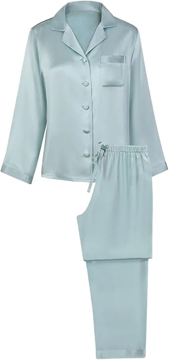 Womens 16MM 100 Percent Real Silk Pajama Set Lapel Long Sleeve Pants Basic Soft Loungewear Sleepwear