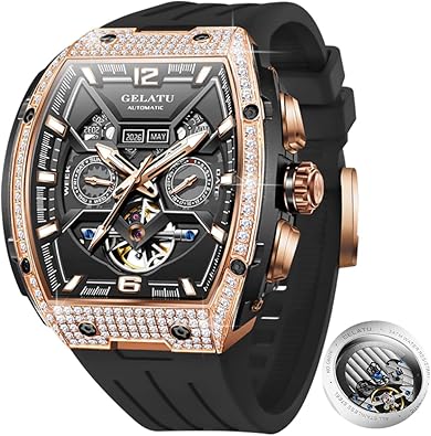 OLEVS GELATU Men Watch Automatic Tonneau Watch Skeleton Mechanical 50M Waterproof Square Male Watches White/Black/Rose Gold