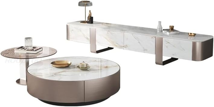 Nordic Marble Round Coffee Table and TV Cabinet Combination White Living Room Stainless Steel Home Furniture