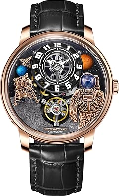 Space Station Automatic Watches for Men, Unique 3D Astronaut Space Style, 5ATM Waterproof Skeleton Mechanical Watch with Leather Strap