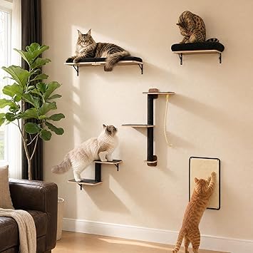 PAWZ Road Cat Wall Shelves, Wood Cat Wall Furniture with Perches & Scratching Posts, 5-in-1 Modern Climbing Set with Scratcher Pads & Climbing Ropes for Indoor Cats,Black