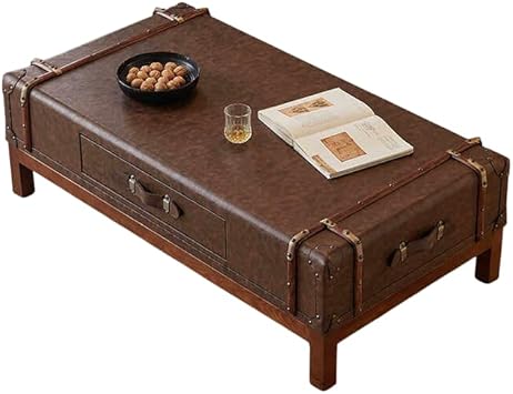 Vintage Leather Trunk Coffee Table with Storage Drawers, Rustic Suitcase Style Center Table, Industrial Wood Base Living Room Table