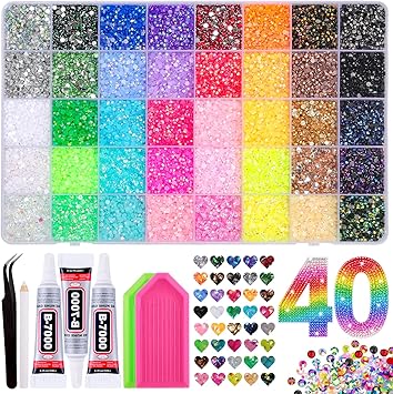 40000 Pcs 40 Colors Resin Jelly Rhinestones Kit, 3mm Flatback Rhinestones with 3 Pcs B7000 Jewelry Glue & Tools, Bedazzler Kit with Rhinestones, All-in-One Bedazzling Kit for DIY Arts & Crafts Gifts