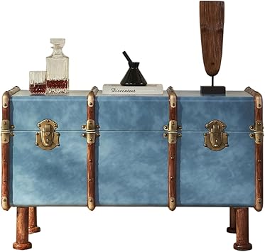 Vintage Trunk Coffee Table with Storage, Blue Leather Storage Chest Table, Retro Suitcase Style Wooden Coffee Table for Living Room
