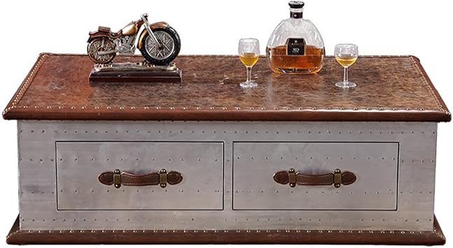 Industrial Vintage Coffee Table with Drawers, Distressed Metal Trunk Table, Loft Style Storage Table for Living Room