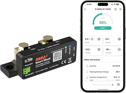 Litime 500A Bluetooth Battery Shunt, Compatible with 8V–120V Lead Acid, LFP, Lithium, AGM Batteries, SOC, Alarm Alerts, History Records, App Monitoring, Ideal for RV/Marine/Off-Grid