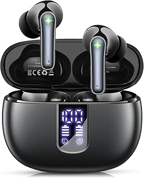 foxotin Wireless Earbuds, Bluetooth 5.4 Headphones with 48H Playback & Dual LED Display, IP7 Waterproof in-Ear Earphones with Noise Cancelling Mic, Deep Bass Stereo, Touch Control for Sports, Black