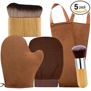 FUNAN Self Tanning Mitt Self Tanner Mitt, Self Tanner Brush, Kabuki Brush, Self Tan Mitt Applicator & Exfoliating Mitt, Back Self Tanner Back Applicator Tanning Glove 5 Pack