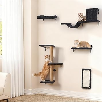 Cat Wall Shelves Set for Indoor Cats, Wall Mounted Cat Furniture with Scratching Post, Cat Hammock, Perches & Sisal Scratcher, Space Saving Cat Climbing Wall System for Large Cats & Kittens