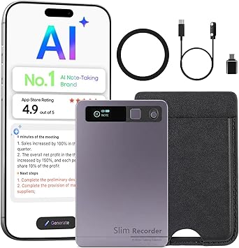 AI Voice Recorder, Transcribe & Summarize with AI Technology, App Control, 64GB Voice Recorder for Meetings & Calls, Supports 152 Languages, Ultra-Slim Recorder, Case Included, Gray