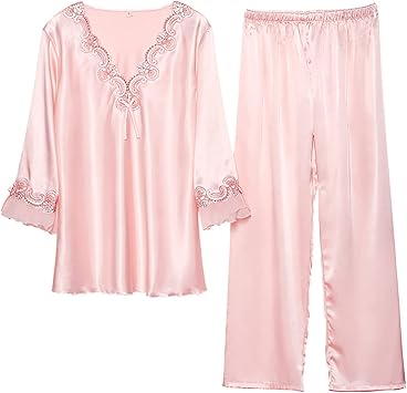 YYZKYTO Ladies V-Neck Pyjamas Sets,Satin lace Edge Nightgown Soft Silk 4/3 Sleeve Sleepwear Casual Solid Color Nightwear Loungewear Sets