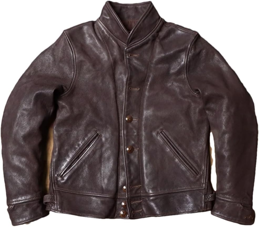 Mens Sheepskin Leather Jacket Stand Collar Slim Fit Moto Biker Short Coat Cashmere Lining Soft Comfortable Outerwear