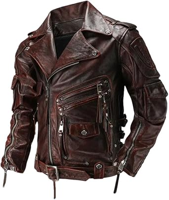 Men's Natural Leather Motorcycle Jacket Causal Vintage Retro Moto Suit Leather Coat
