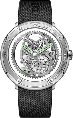 CIGA Design Skeleton Automatic Watch · Vector, 44MM Round Steel Case, Racing-Themed Design, Back-to-Front Skeleton, Super Luminova, Fluororubber Strap, Sapphire Glass Gifts for Men and Women