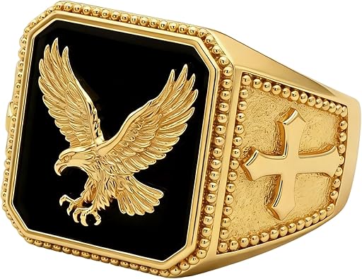 Eagle Cross Men’s Ring, 10K 14K 18K Solid Gold Eagle Black Onyx Large Thumb Statement Ring Jewelry Gift for Men