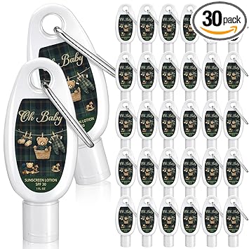 Leelosp 30 Pcs Green Blue Tartan Plaid Bear Baby Shower Mini Sunscreen with Carabiner Bulk Travel Size 1 Fl. oz. Spf 30 Water Resistant Lotion Vintage Preppy Baby Shower Favor Birthday Party Supplies