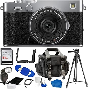 FUJIFILM X-E5 Mirrorless Digital Camera (Silver) Bundle with 64GB SD Card, Flash w/LCD Display & Slave Mode, Large Gadget Bag, Tripod, 180° Flash Bracket & Many More Accessories (Renewed)