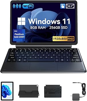 NewBook 10 10.1 inch 2-in-1 Laptop Tablet PC, Win 11 Compatible with Intel Pentium Gold 6500Y, 8GB RAM 256GB SSD, 1920x800 FHD Touchscreen, Micro HDMI/USB-C 3.2 with Magnetic Keyboard & Stand