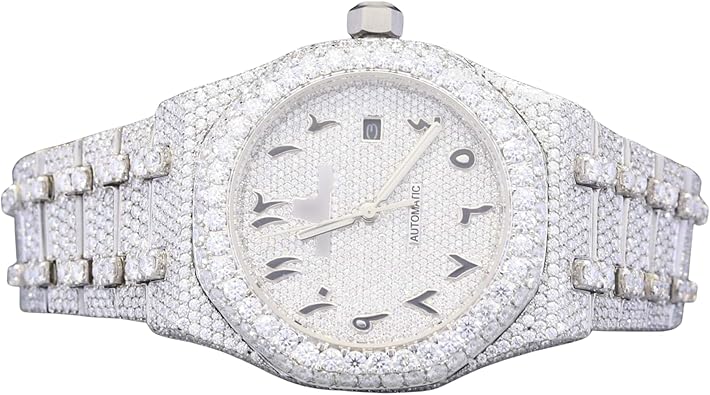 Moissanite Watch Men Automatic Round Dial Date Display Two Tone Gold Silver Finish Stainless Steel Pave Style Mens Watch Gift for Him Birthday Wedding Anniversary