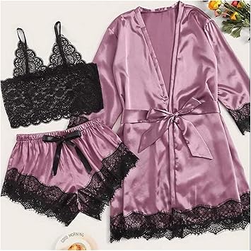 YYZKYTO Nightwear Ladies Pajamas Set Silk Pajamas Pajamas Set Elegant Sexy lace Fashion Casual Home wear,3-M