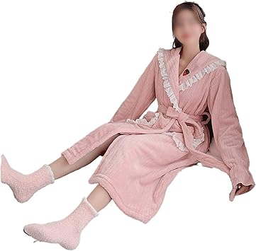 YYZKYTO Towel Robe Women's Pajamas Robe Warm Winter Velvet Bathrobe Strawberry Embroidery Thick Coral Velvet Home Service Middle Calf Length Pajamas Good,r-XL
