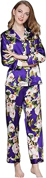 YYZKYTO Womens Mulberry Silk Floral 2 Piece Outfits Long Sleeve Shirt and Pants Floral Pajama Sets,Blue-L