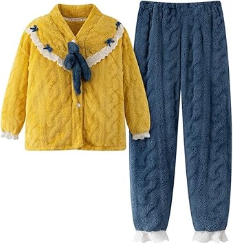 YYZKYTO Women Pajama Sets, Winter Warm Flannel Women Pajamas Sets Thick Coral Velvet Long Sleeve Fleece Sleepwear Home Suits Ladies Terry Nightwear Pajama,Geel-M