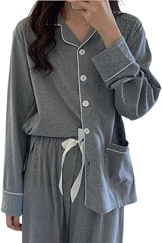 YYZKYTO Pajama Set Women Turn-Down Collar Sleepwear Basic Casual,White-L