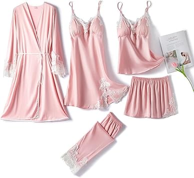 YYZKYTO Satin Pajamas Suit Women Lace 5PCS Sleepwear Sexy Pyjamas Home Wear Loose Casual Sleep Set Soft Rayon Nightwear,Pink-XL