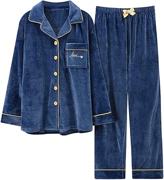 YYZKYTO Women Winter Pajamas Set Thick Warm Homewear Lounge Wear Pajamas Home Pants Warm Home Clothes Suit,Blue-L