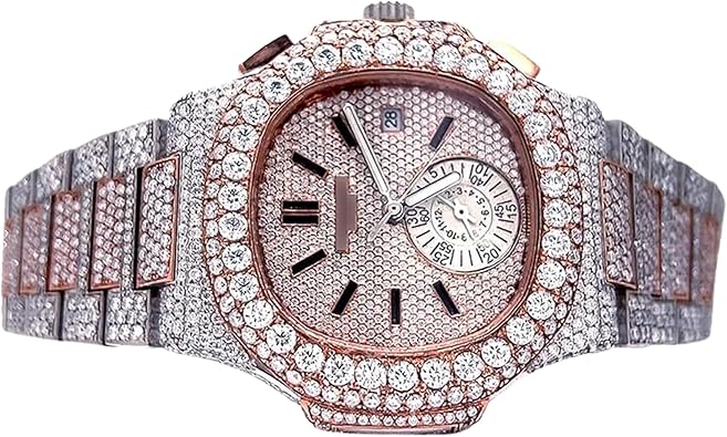Moissanite Watch Men Automatic Rose Gold Silver Two Tone Baguette Dial Date Display Stainless Steel Mens Watch Diamond Look Gift for Him Birthday Wedding Anniversary