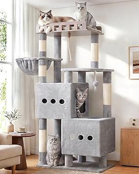 Gitelsnour Cat Tree, 60 Inches Sturdy Cat Tower for Large Cats with 2 Spacious Cat Condos, Cat Furniture with Wide Wooden Top Perch and Cozy Cat Basket, Sisal Scratching Posts, Light Gray GCT029W