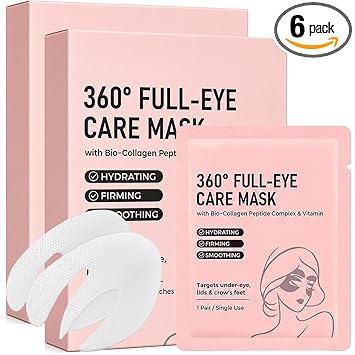 Collagen Eye Mask 12 Pairs for 2 Boxes, 360° Full Eye Mask Patches with Bio-Collagen Peptide, Deep Hydrating Under Eye Patches for Dark Circles Puffy Eyes Wrinkles, Single Use Pairs (2)