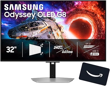 Samsung 32" Odyssey OLED G8 (G80SH) Gaming Monitor + $300 Amazon Gift Card, QD-OLED, 4K Resolution, 240Hz, USB-C 96W, DP 2.1, 0.03ms, Glare Free, HAS/Tilt/Swivel/Pivot, 3 Year Warranty, LS32HG802SNXZA