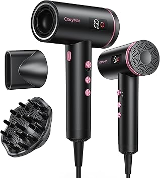 CrazyMar Hair Dryer, 180,000 RPM High Speed Blow Dryer For Fast Drying, 500 Million Negative Ionic Hair Dryer, No Heat Damage, Low Noise, Lightweight, Blow Dryer with Diffuser for All Hair,Travel,Home