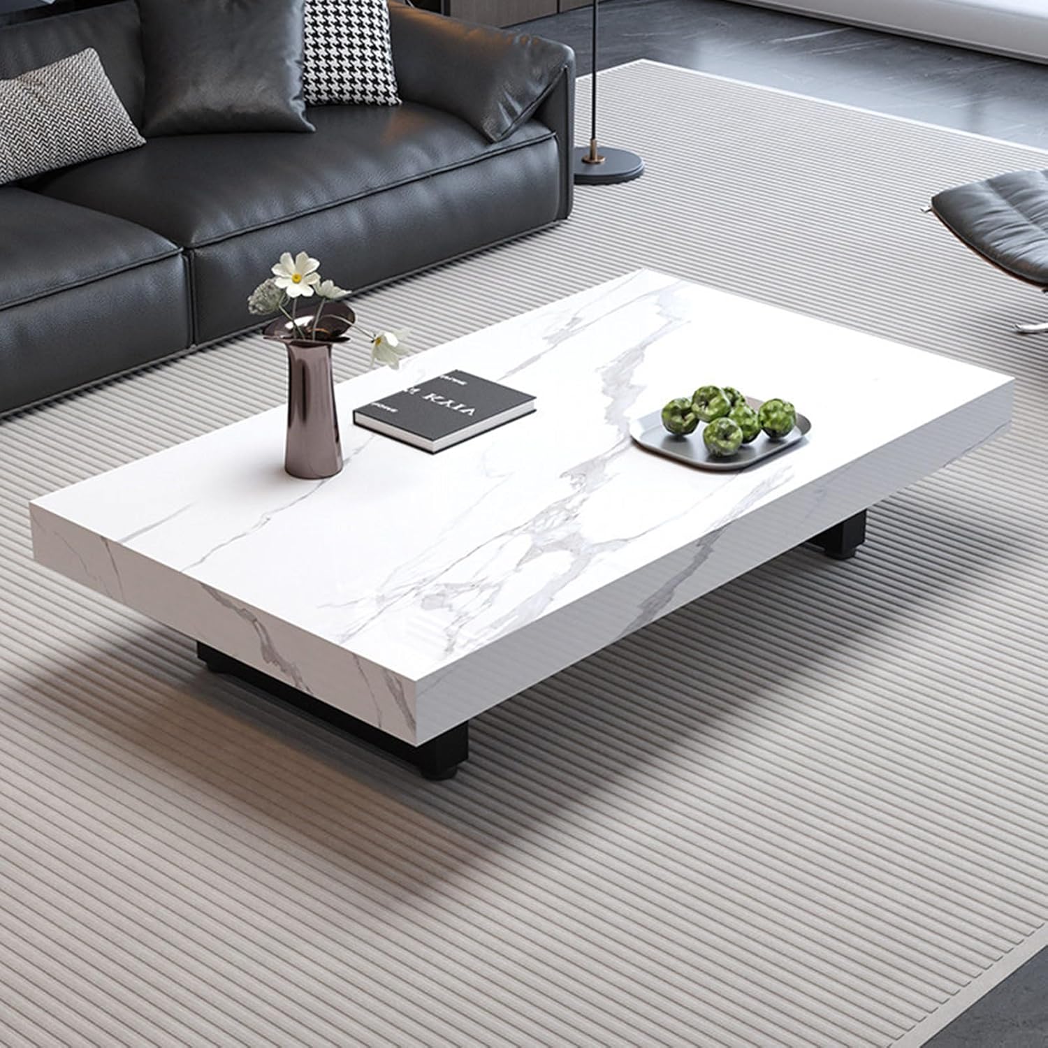 51.2" Sintered Stone Coffee Table for Living Room, Modern Rectangular Center Table with Faux Marble Tabletop and Black Wood Legs