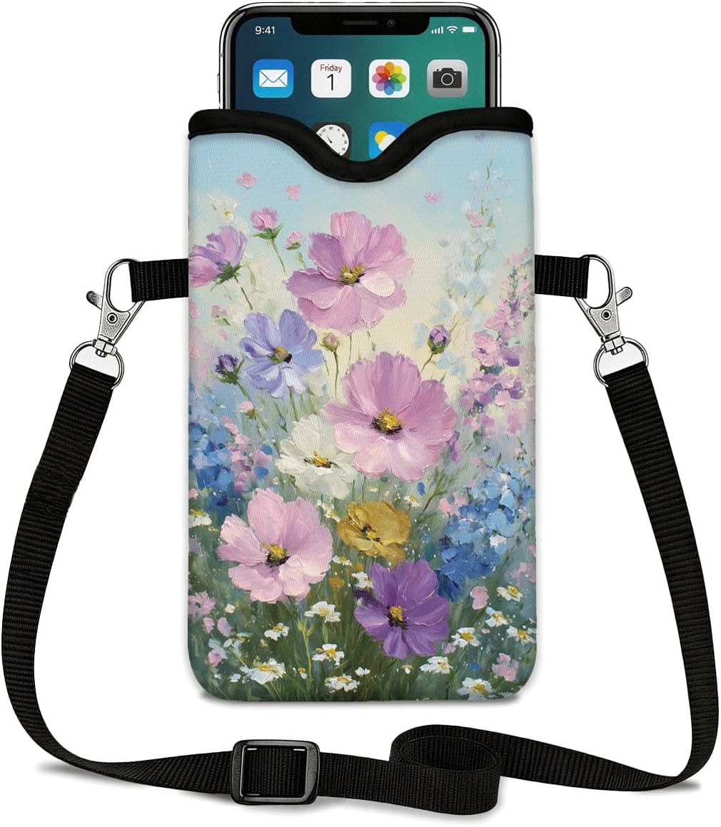 Floral Neoprene Cell Phone Sleeve Pouch Case Bag for Women Men with Crossbody Strap, 7.1x3.9 in, Shockproof Mobile Protection Case Bag with Neck Lanyard, Colorful Floral