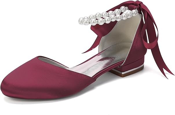 Women's Wedding Flats Satin Bridal Shoes Pearl Ankle Strap Comfortable Dress Shoes Bridesmaid Evening Party 2.5Cm