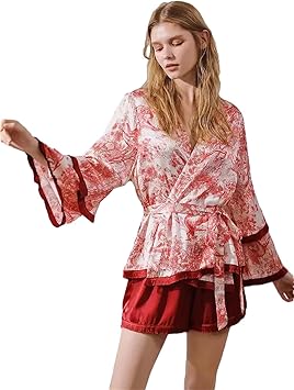 Women Mulberry Silk Print Kimono and Shorts Set Tassel Trim Pajama Set Bell Long Sleeve Loungewear